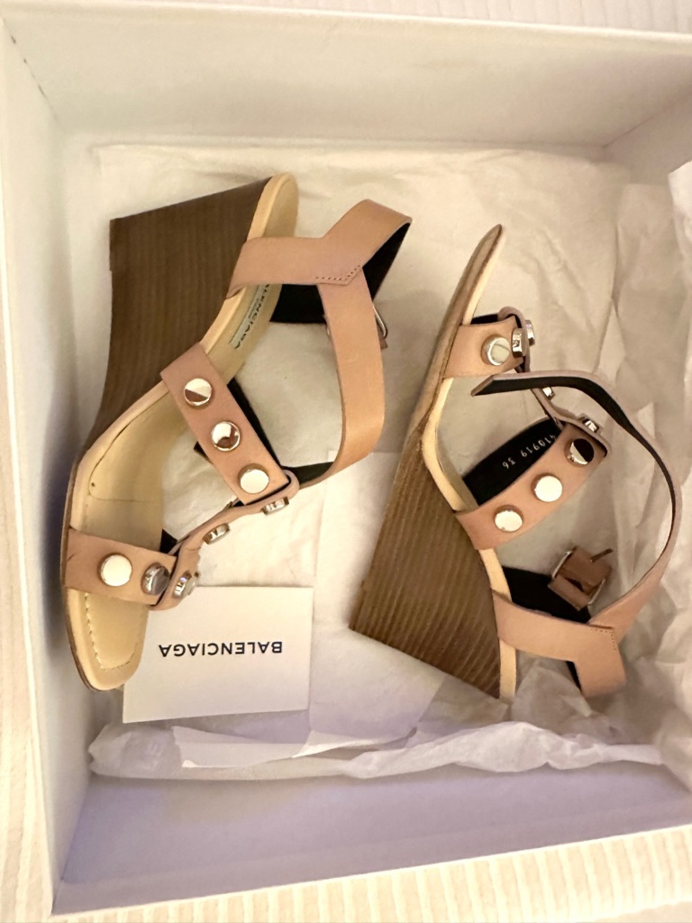 Balenciaga Nude Pink Studded Leather Wedge Heeled  Sandals